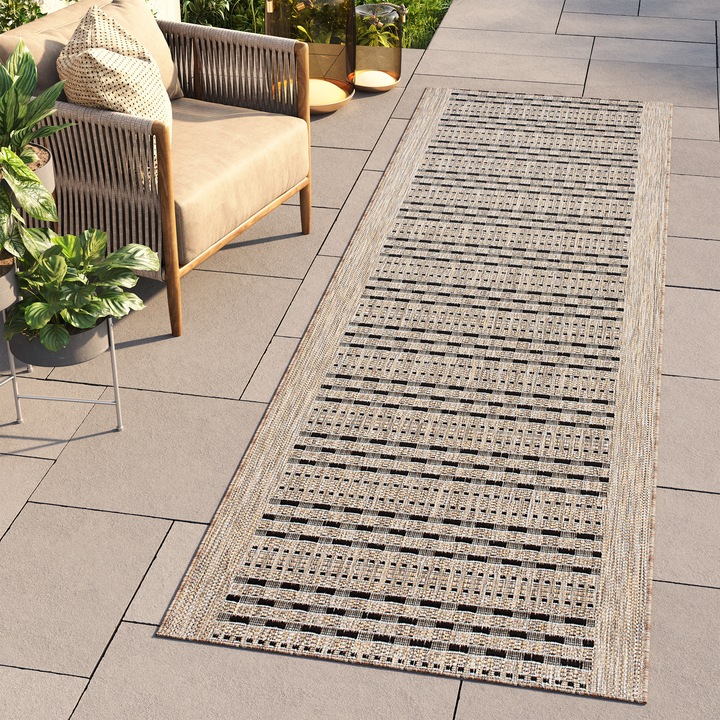 Covor, Tapiso, Melissa CHO, 80 x 250 cm, Bej/Negru, Inaltime Fir 6 mm, OEKO-TEX, Pentru Living, Dormitor, Hol, Rezistent La UV, Reversibil, Lavabil, Usor de curatat, Rezistent La Intemperii, Temperatura de Spalare 30°C