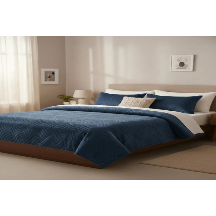 Cuvertura de Pat Velvet 220/240 + 2 Fete de Perna, ALBASTRU INCHIS