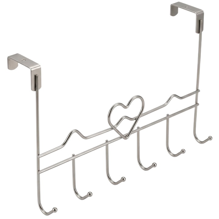 Cuier pentru Usa Aurov®, Model Inima, cu 6 Agatatoare, Metalic, Montaj Fara Gaurire, 37x6x 22.5 cm, Argintiu