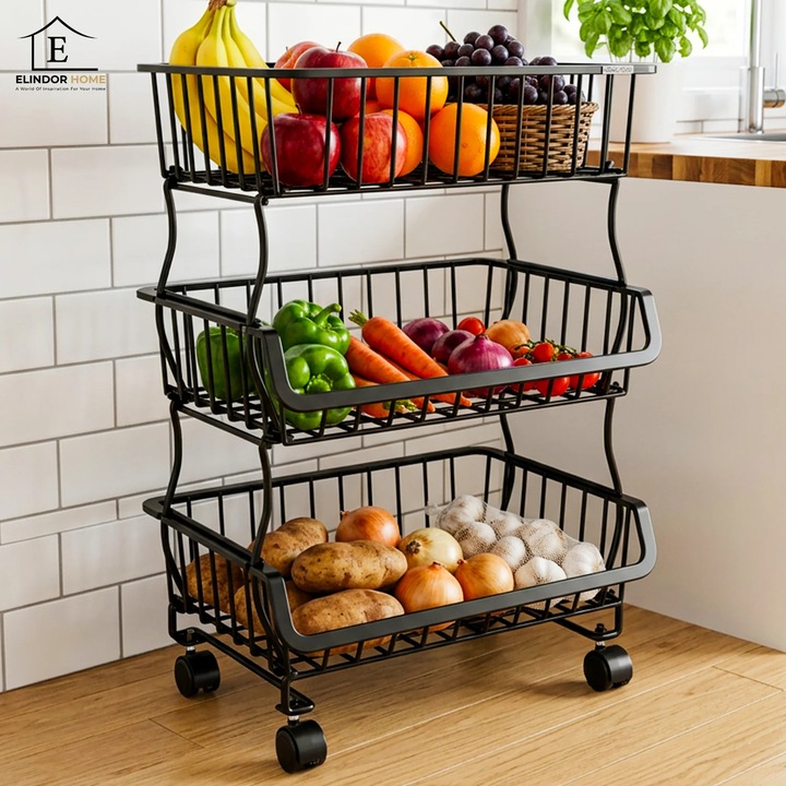 Organizator Bucatarie 3 Nivele Elindor® Carucior cu Roti, Ajustabil, Multifunctional, Raft Mobil Organizare Baie, Camara, Birou, Bar, Dulap Metalic pentru Depozitare Legume, Fructe, Detergenti, Parfumuri, 3x Cutie Detasabila, 41 x 29 x 52 cm, Negru