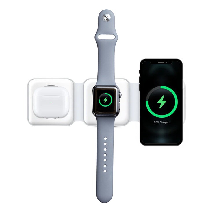 Összecsukható 3 az 1-ben mágneses vezeték nélküli töltő, 15W, telefonhoz, okosórához és fülhallgatóhoz, gyors USB-C töltőállomás, kompakt hordozható design, Fehér