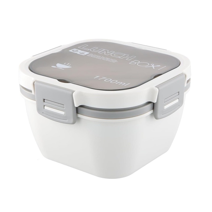 NEXTLY rekeszes ételhordó, evőeszközökkel, 5 rekeszes, 2 szintes, légmentesen záródó, szivárgásmentes, 1700ml, 18x18x11cm, fehér-szürke