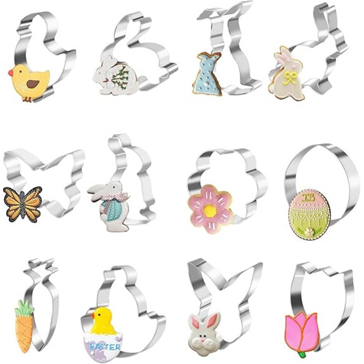 Set 11 Forme Premium pentru Biscuiti de Paste, Inox de 0.3mm, Modele Iepurasi, Oua, Flori si Fluturi, Rezistente la Temperaturi Inalte, Ideale pentru Familie si Scoala