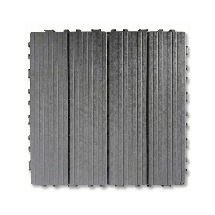 Set 10 x Placi Pardoseala Modulare din PVC tip parchet pentru Terasa NEXTLY, 30x30 cm, sistem click, imitatie lemn, 2 cm grosime, acoperire 0.9 mp, sistem drenaj, rezistente la intemperii, gri antracit
