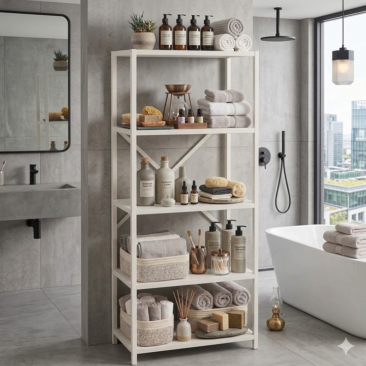 Dulap baie cu 5 rafturi depozitare FiGGA®, Metal si MDF, 150 cm x 60 cm x 30 cm, potrivita pentru carti, baie, pantofi, incaltaminte, papuci, jucarii, biblioteca, in camara, debara sau dressing, Alb/Alb