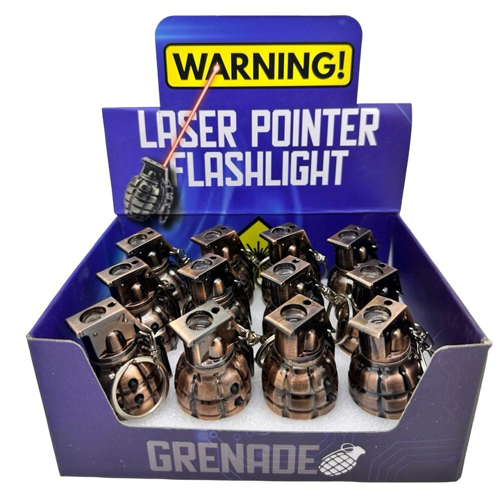 Gránát játék kulcstartó fémből, zseblámpával és piros lézerrel 6cm