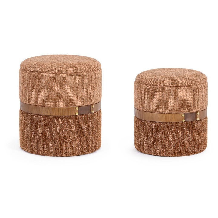 Set 2 tabureti cu spatiu depozitare textil maro ginger Talya Ø36x38h, ø40x44h