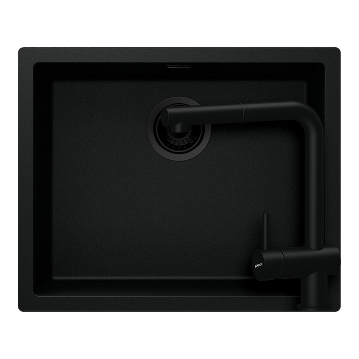 Chiuvetă bucătărie Schock Kaia N-100L, granit compozit, negru intens, 556x456mm, cu baterie Schock Epos Puro, cap extractibil