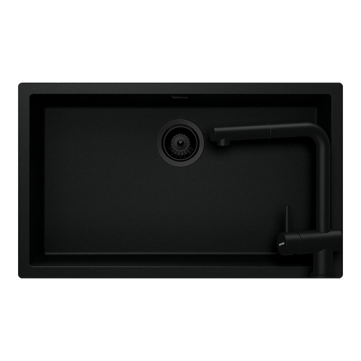 Chiuvetă bucătărie Schock Kaia N-100XL, granit compozit, negru intens, 756x456mm cu baterie Schock Epos Cristadur Puro cu cap extractibil