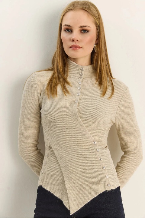 Pulover dama, Bianco Lucci, detalii cu nasturi, bej, One Size INTL