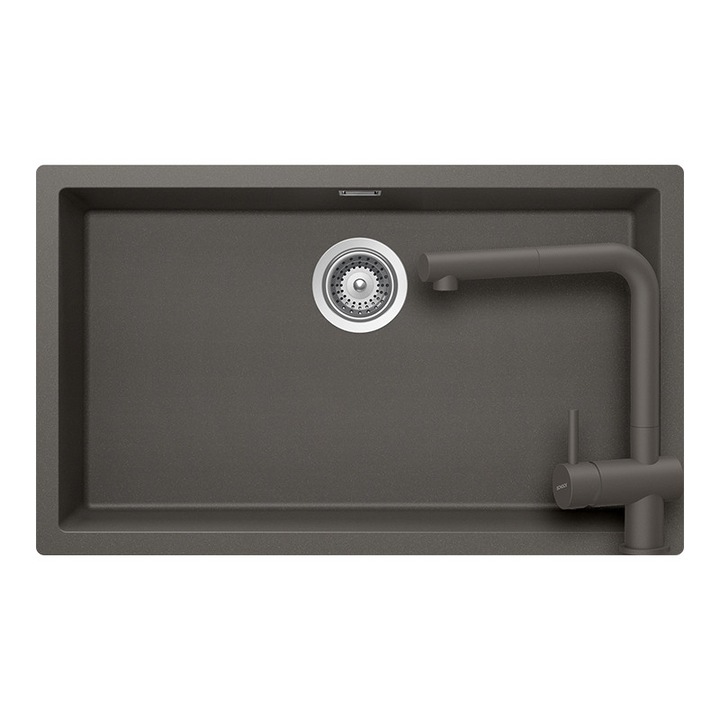 Set chiuvetă bucătărie Schock Kaia N-100XL cu baterie Epos Cristadur Silverstone, granit compozit, gri închis, 756x456mm