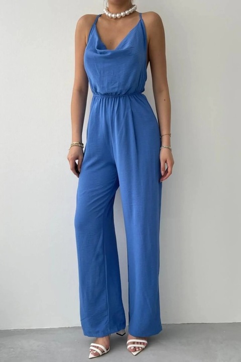 Salopeta dama, JANES, gat in V, picior larg, Albastru, textil