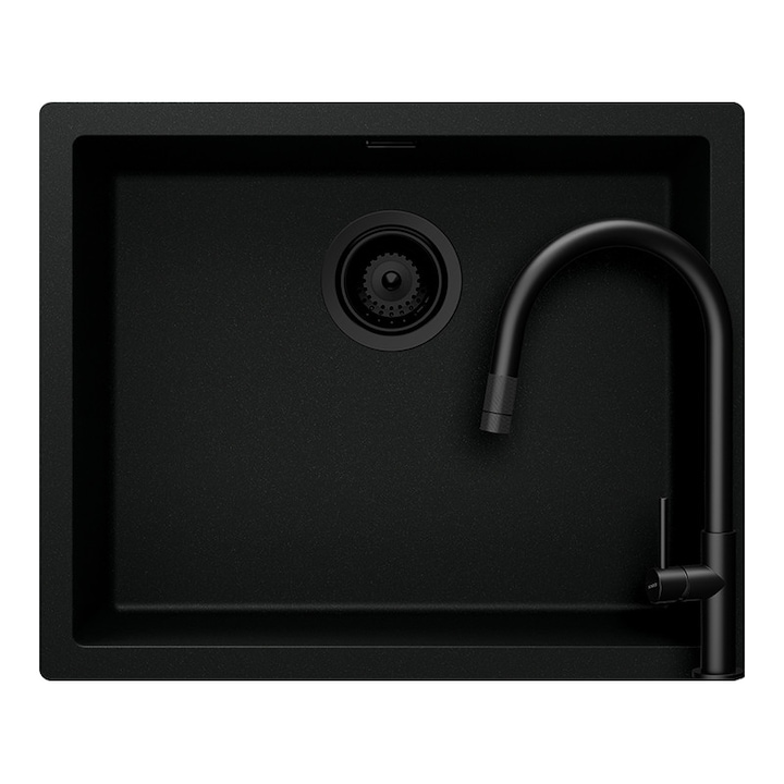 Chiuvetă bucătărie Schock Kaia N-100L, granit compozit Cristadur Puro, negru intens, 556x456mm, set cu baterie Schock Talia, cap extractibil.