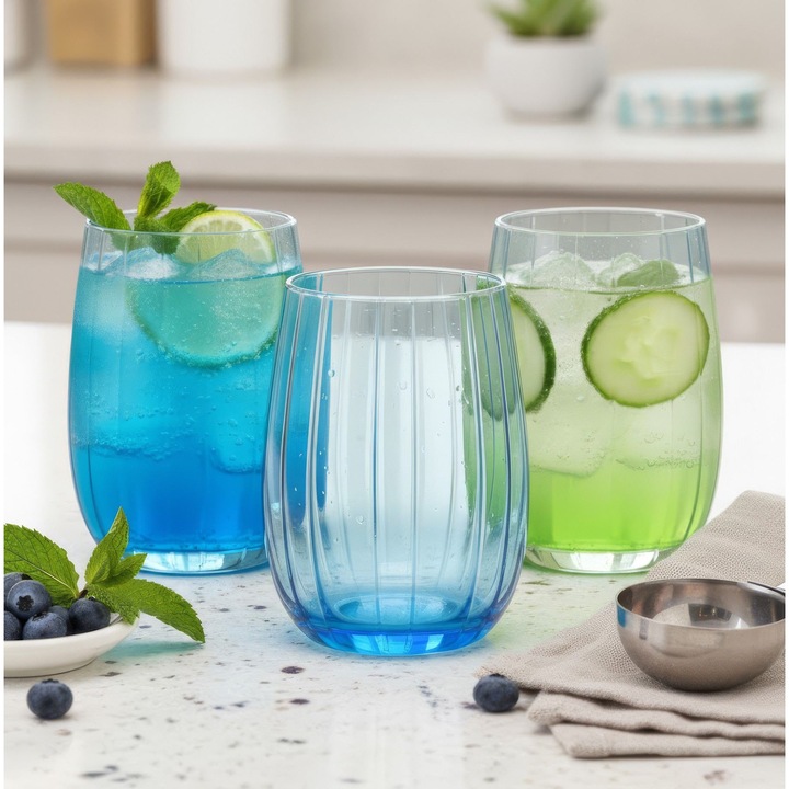Üveg pohárkészlet, Hermia Concept, türkiz, 6,6x6,6x11cm, 380ml, 3 db