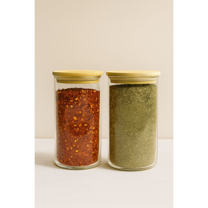 Set de borcane pentru condimente, Hermia Concept, 7x7x14cm, 490ml, transparent, capac din bambus, 2 piese