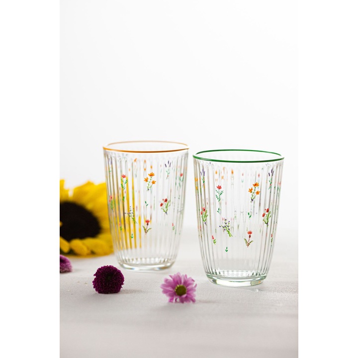 Комплект от 4 стъклени чаши, Hermia Concept, стъкло, 8,5x8,5x12см, жълт, зелен