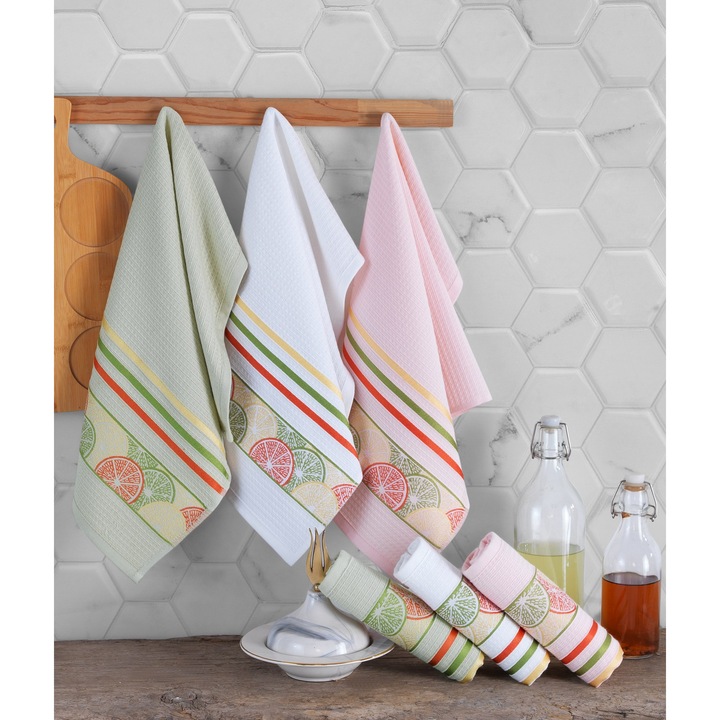 Set prosoape Colorful Cotton, 6 piese, alb, roz, verde, rosu, 40x60cm