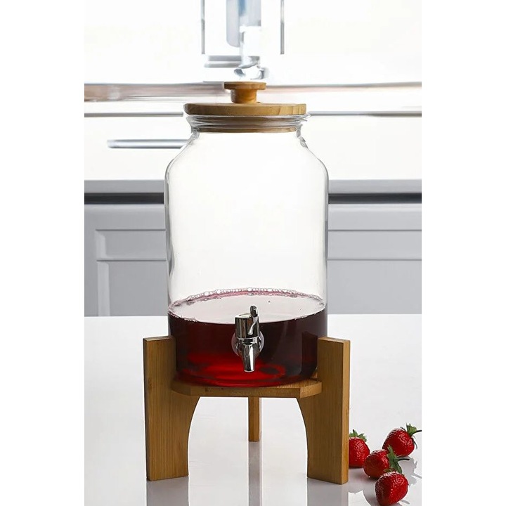 Dispenser de bauturi, Hermia Concept, 4000 ml, capac din bambus, transparent