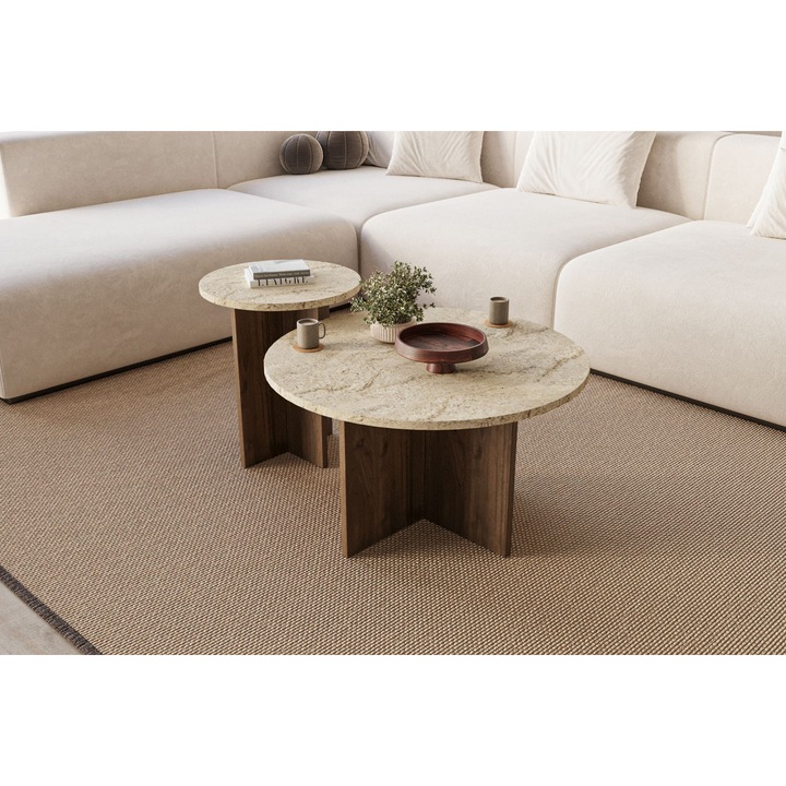 Set mese cafea, Woody Fashion, travertin, nuc, 70x40x70cm, 40x47x40cm