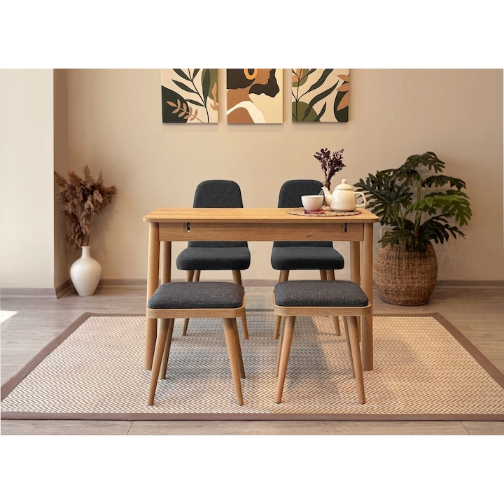 Set masa extensibila si scaune Woody Fashion, 5 piese, stejar, antracit, 110x75x50cm