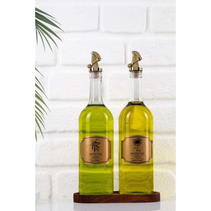 Set oliviere Hermia Concept, 1000 ml, sticla, suport din lemn, transparent, 2 piese