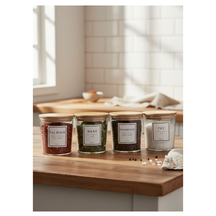 Set de borcane pentru condimente, Hermia Concept, 4 piese, capac din bambus, transparent, 8,5x8,5x9cm, 350ml