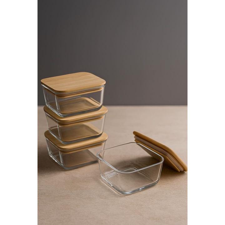 Set cutii depozitare Hermia Concept, transparente, 10x10x6cm, 300ml, 4 bucati cu capac din bambus