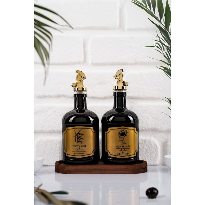 Set oliviere, Hermia Concept, 2 piese, sticla, 500 ml, suport din lemn 21x10x2cm, negru