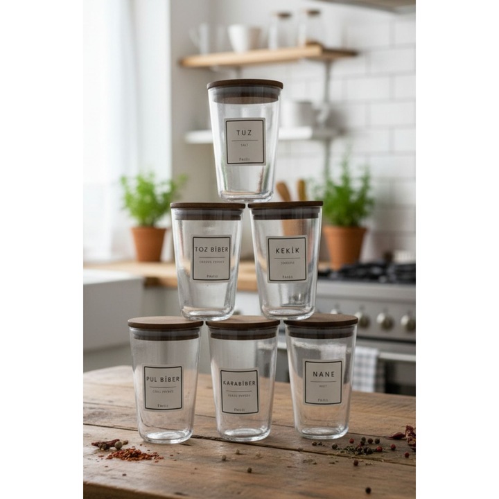 Set de borcane pentru condimente, Hermia Concept, 6x6x10cm, transparent, capac din bambus, 6 piese