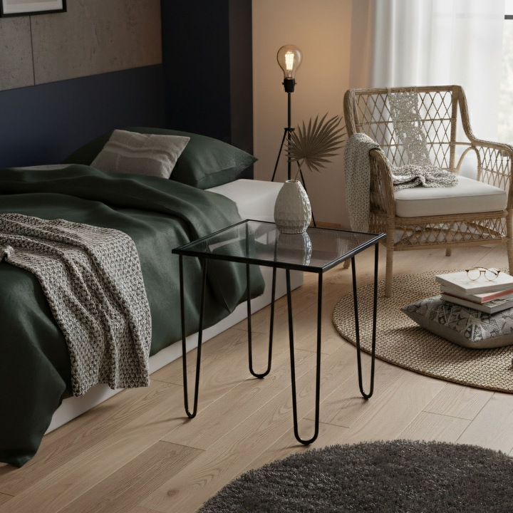 Masa de cafea Woody Fashion, model 579, sticla transparenta, metal, 53x55x53cm, neagra