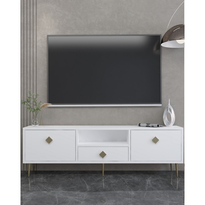 Suport TV Woody Fashion 583, alb, auriu, 140x45x30cm, 18mm, cu rafturi, fixabil pe perete