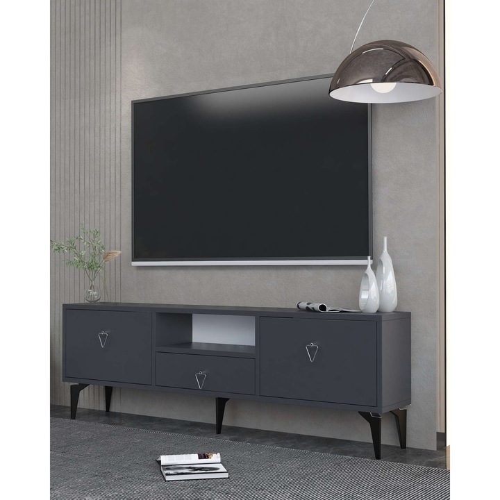 Comoda TV Woody Fashion, 140x49x30cm, antracit, argintie, cu rafturi, set 1 bucata