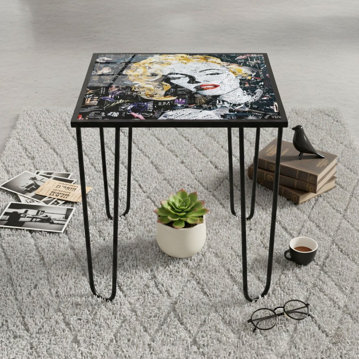 Masa de cafea 623, Woody Fashion, metal, sticla securizata, multicolor, 53x55x53cm