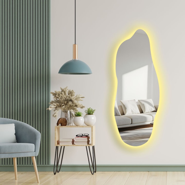 Oglinda cosmetica Woody Fashion cu iluminare LED, 52x135cm, fundal negru, set