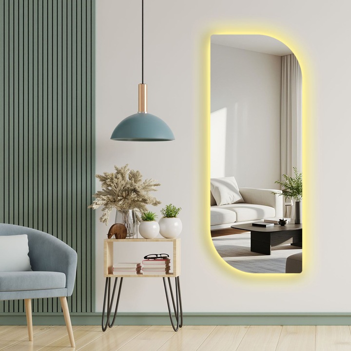 Oglinda cosmetica Woody Fashion cu iluminare LED, 52x135cm, fundal negru, set