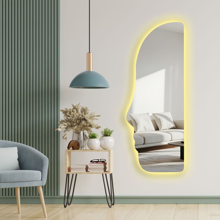 Oglinda cosmetica Woody Fashion cu iluminare LED, 52x135cm, fundal negru, grosime 4mm