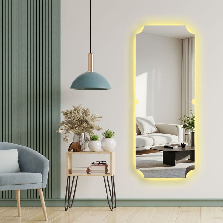 Oglinda cosmetica Woody Fashion cu iluminare LED, 52x135cm, fundal negru, grosime 4mm, set