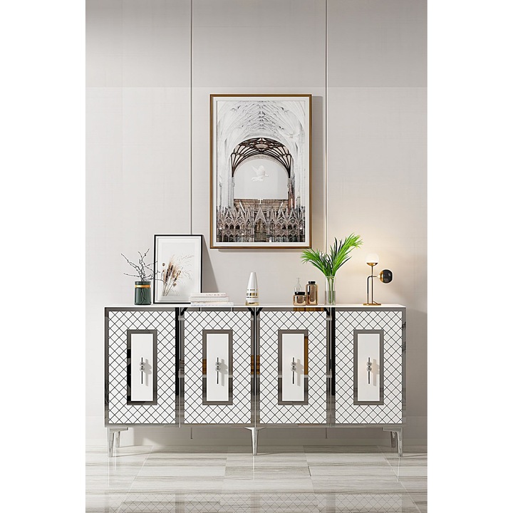 Masa Console 498, Woody Fashion, alb, 150x75x32cm, cu rafturi,