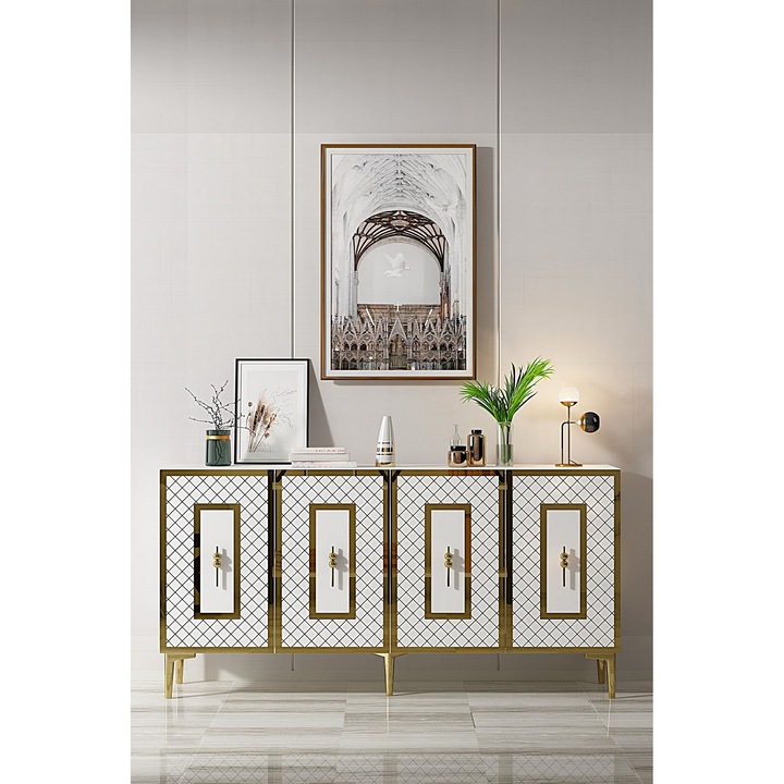 Consola Woody Fashion 467, alb, auriu, 150x75x32cm, cu rafturi, fixare pe perete