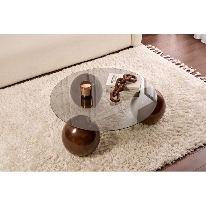 Masa de cafea Woody Fashion, model 904, sticla calita, nuc, 85x30x85cm, set 3 piese