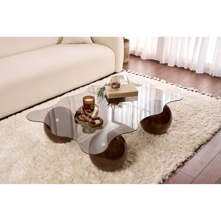 Masa de cafea Woody Fashion, model 935, sticla calita, nuc, 120x80x30cm, set 4 piese