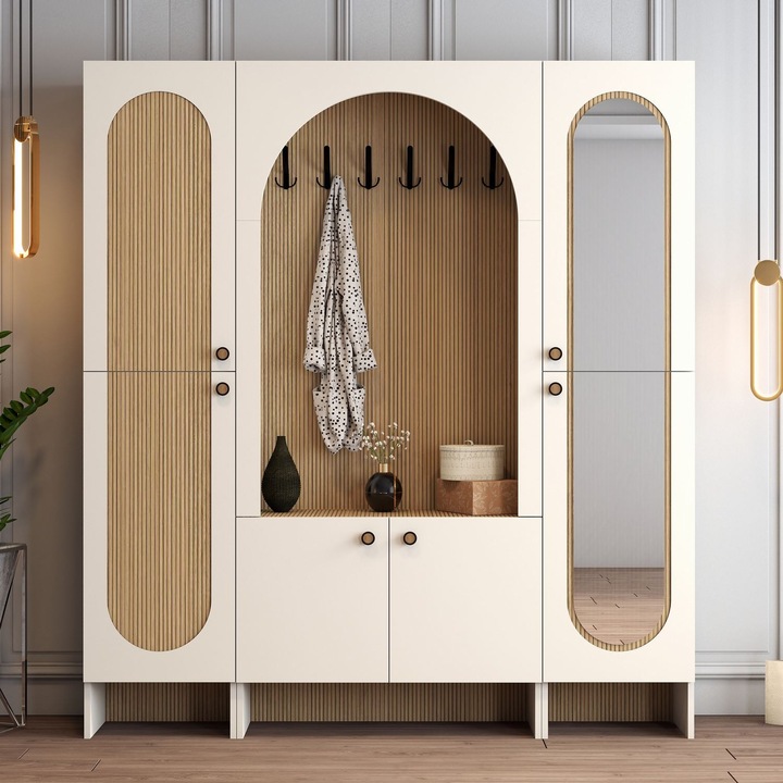 Cuier pentru hol, Woody Fashion, crem/maro, cu oglinda