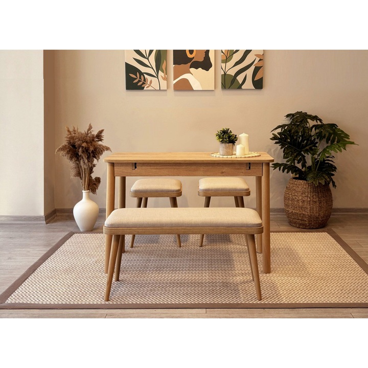 Set masa extensibila si scaune Woody Fashion, 4 piese, stejar, crem, 110x75x50cm
