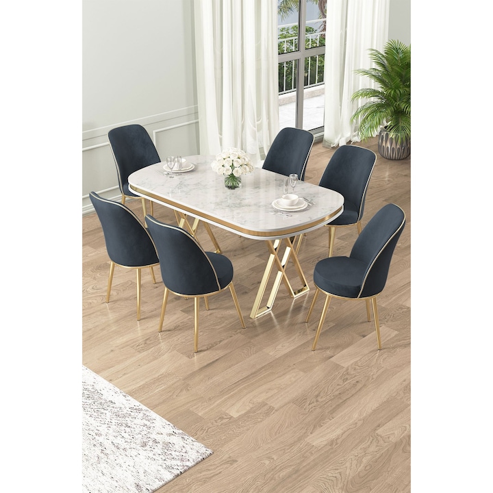 Set masa si scaune 7 piese, Woody Fashion, alb, auriu, antracit, 168x90cm, 45x42cm