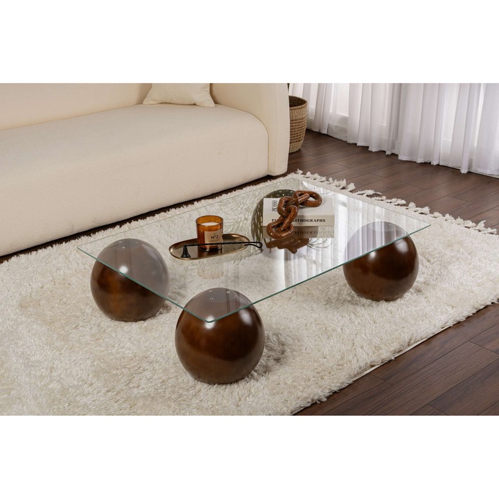 Masa de cafea Woody Fashion, model 973, sticla transparenta, nuc, 110x75x30cm, set 4 piese