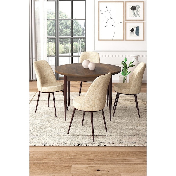 Set masa si scaune Woody Fashion, baroc, crem, 5 piese, 90x90cm, 4 scaune