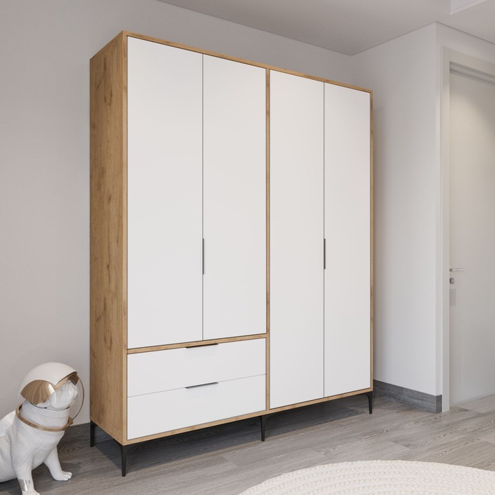 Dulap Woody Fashion 296, stejar, alb, 160x183x45cm, cu rafturi