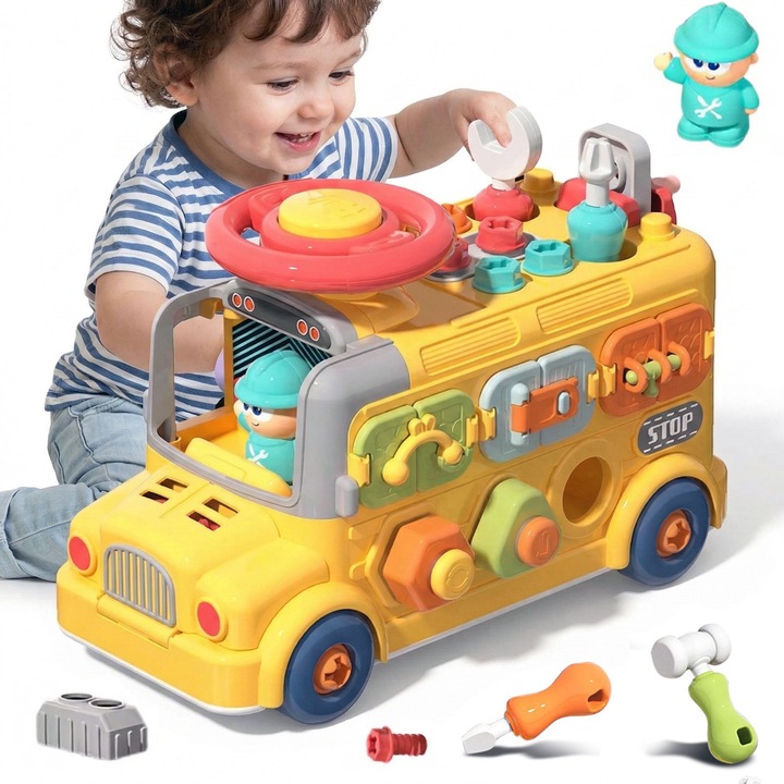 Autobuz Educativ Interactiv Pitikot® Jucarie Multifunctionala, Autobuz cu Sunete Diverse si Lumini, 5 jocuri cu lumini, activitati educative pentru bebelusi, copii fete si baieti de 1, 2, 3, 3+ ani, 43 Accesorii si Activitati STEM, Multicolor