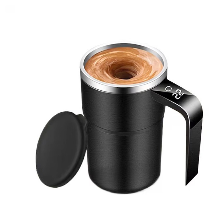 Cana Termica, Flippy, Ecran LCD, Auto Amestecare, Afisaj al Temperaturii, Otel Inoxidabil, Tip Termos, Incarcare USB, 13.8 x 8 cm, Negru