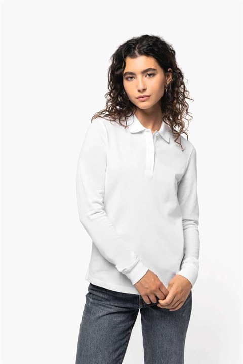 Tricou polo dama Kariban KA2028, maneca lunga, bumbac organic 180 g/m², material pique - KA2028, Alb